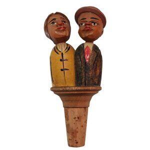 Vintage Folk Art Bottle Stopper Barware Wood Carving Mechanical Kissing Couple